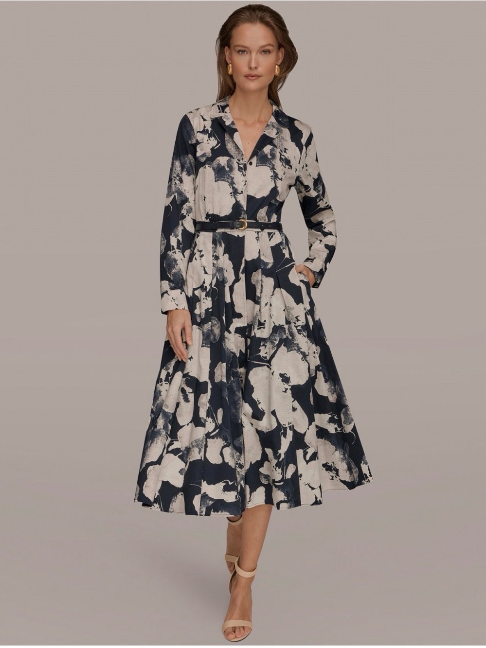 Donna Karan Women Long-Sleeve Collared Belted Dress. Size 10. Nightfall Multi - Picture 2 of 6